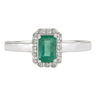 Modern Inspired 0.56 Carat Emerald Diamond Halo Statement Ring, Size 7 For Sale