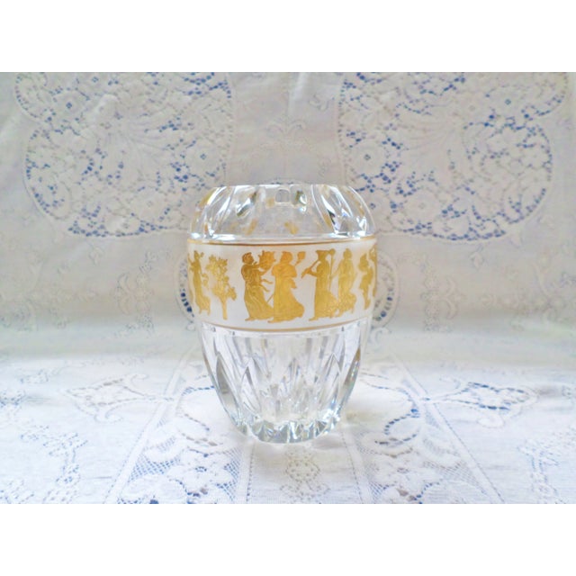 This is a Vintage Signed Val St Lambert Armada Jupiter Danse de Flore Crystal Vase with 14K Gold Neoclassical Design that...