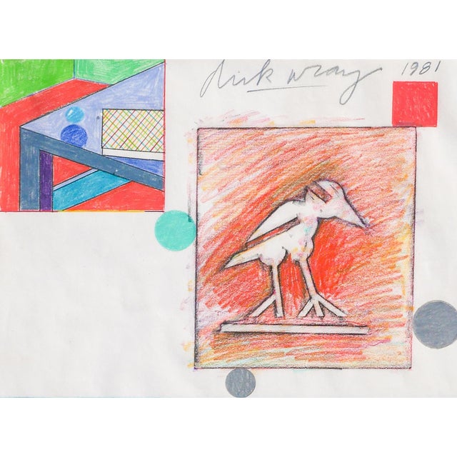 Colorful mixed media drawing of an abstract mixed media collage by Texas Artist, Dick Wray. The work depicts colorful...