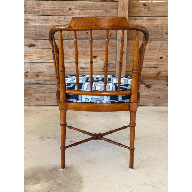 1970s Vintage Chinoiserie Drexel Heritage Faux Bamboo Walnut Spindle Arm Chair Newly Upholstered For Sale - Image 5 of 12