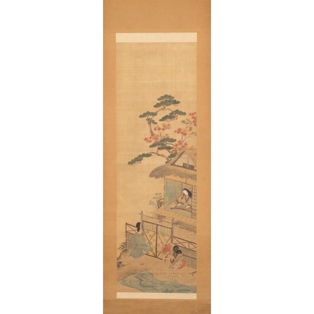 Fine antique Japanese watercolor scroll painting depicting a scene in front of the house with a woman, men and a horse....