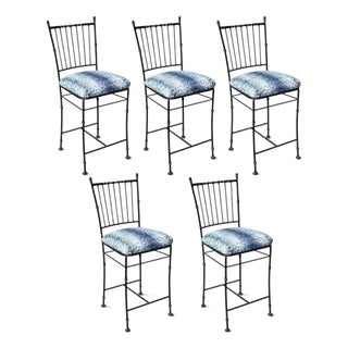 Faux Bamboo Wrought Iron Counter Stool | Spindle Back & Blue Damask Seat | Sold Individually, 5 Available For Sale