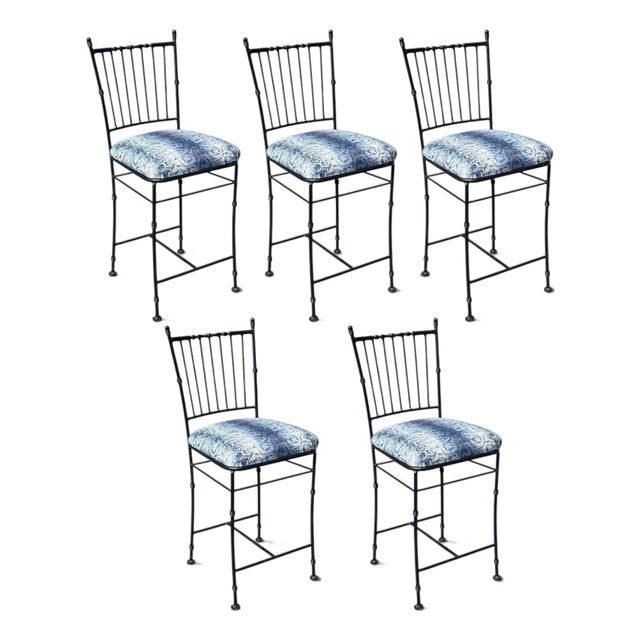 Faux Bamboo Wrought Iron Counter Stool | Spindle Back & Blue Damask Seat | Sold Individually, 5 Available For Sale