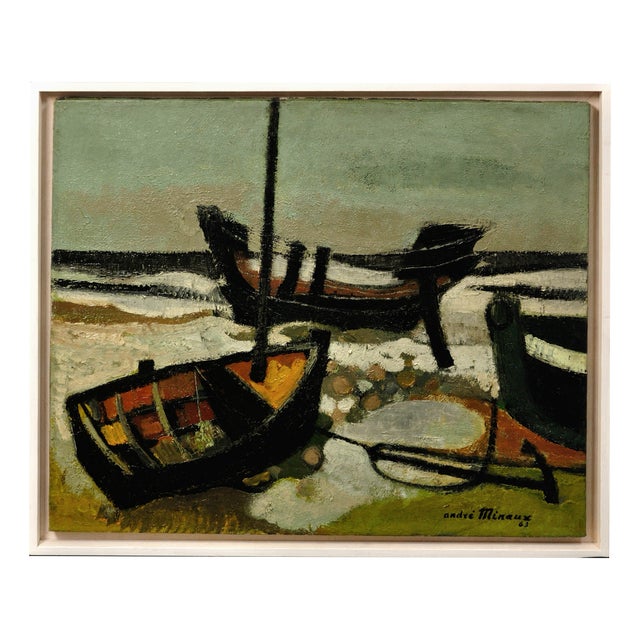 Andre Minaux, Stranded Boats, 1963, Oil Painting on Canvas, Framed For Sale