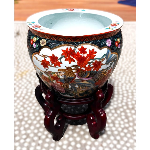 Vintage Chinoiserie Porcelain Fish Bowl Planter with Stand Features detailed, moriage style, hand painted birds, flowers,...