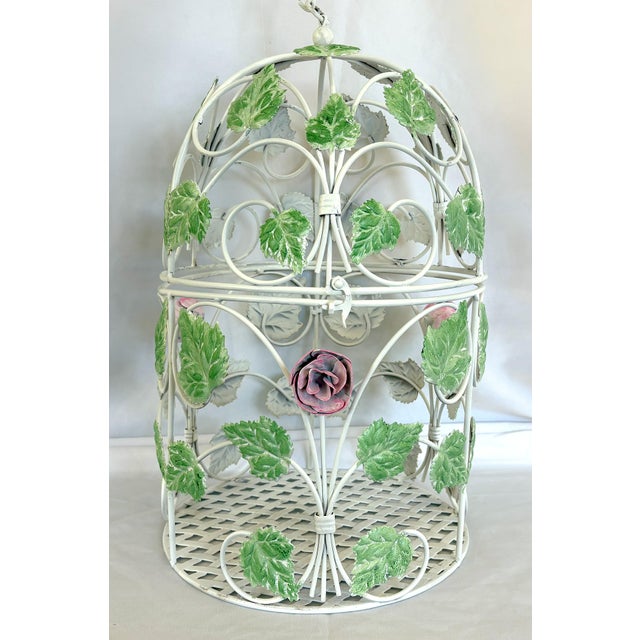 Vintage Italian Painted Tole Birdcage With Foliage and Rosette Decorations For Sale In West Palm - Image 6 of 12