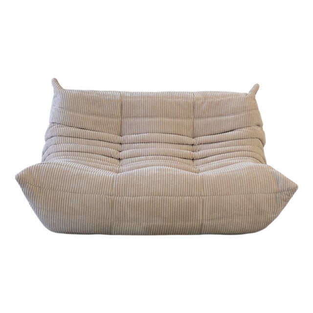 Beige Corduroy Togo Two-Seater Sofa by Michel Ducaroy for Ligne Roset For Sale