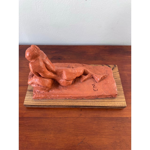 Contemporary Vintage Reclining Nude Clay Sculpture on Wood Base, Artist Maquette Study For Sale - Image 3 of 12