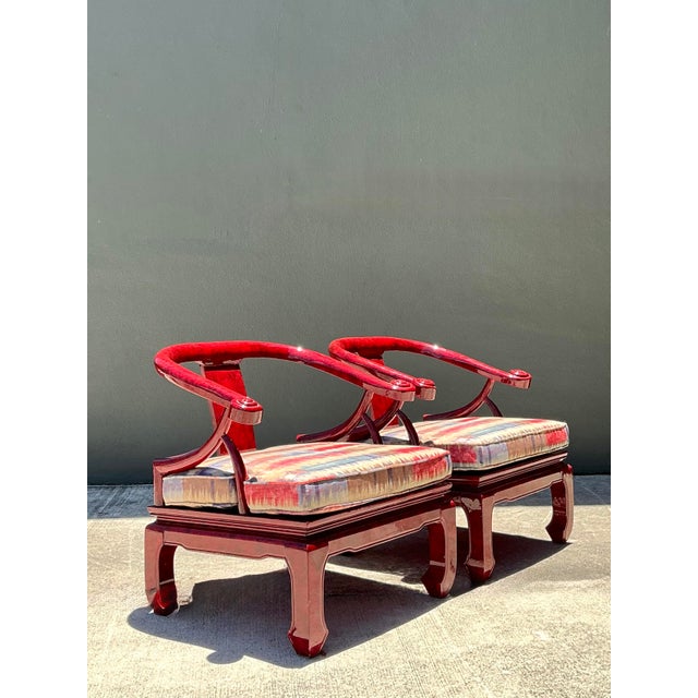 Late 20th Century Vintage Candy Apple Lacquer Horseshoe Chairs After James Mont - A Pair For Sale - Image 5 of 12