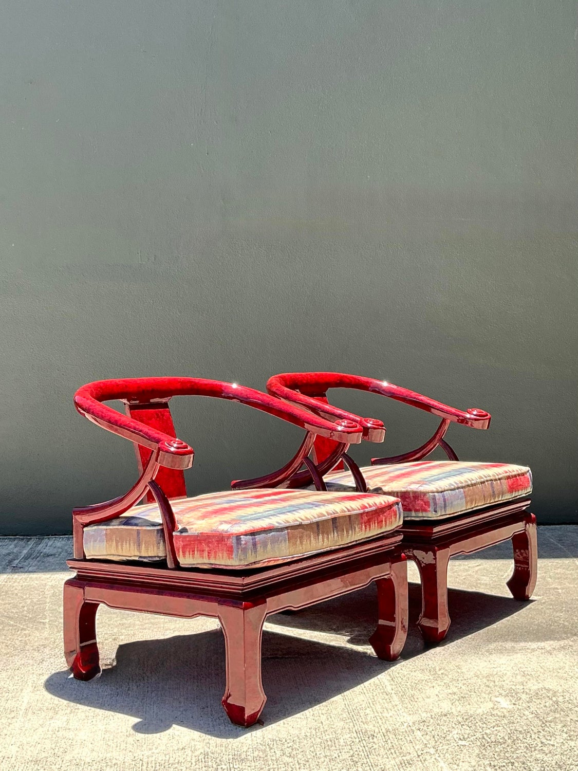 Vintage Candy Apple Lacquer Horseshoe Chairs After James Mont - A Pair - Top view