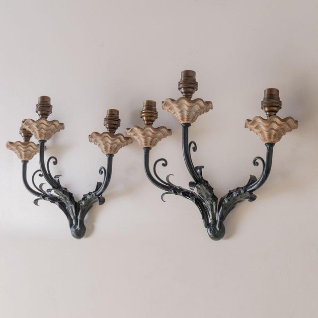French 1940s French Floral Painted Iron Sconces - a Pair For Sale - Image 3 of 10