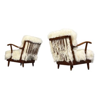 Svante Skogh, Lounge Chairs, Mongolian Fur, Beech, Sweden, 1945 For Sale