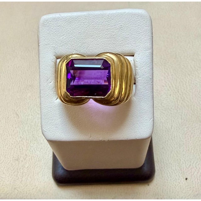 6 Carat Emerald cut Amethyst Unisex Bezel Set Cocktail Ring in 18 Kt Yellow Gold Estate , Made in Italy Stamped Italy and...