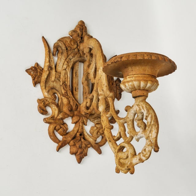 Huge Vintage Cast Iron Wall Sconce Pair Pillar Candle Holders Architectural Salvage For Sale - Image 16 of 17