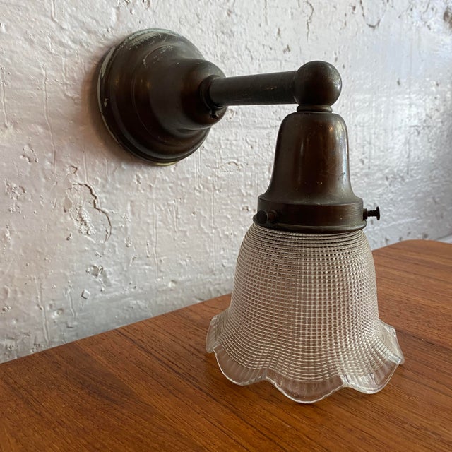 Early 20th Century Antique Industrial Steel Wall Sconce With Holophane Glass Shade For Sale - Image 5 of 12
