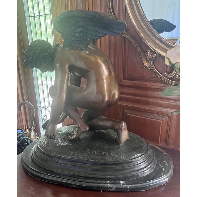 Vintage Grand Scale Patinated Bronze "Cupid Playing With a Butterfly" After Injalbert 1890 For Sale - Image 13 of 18