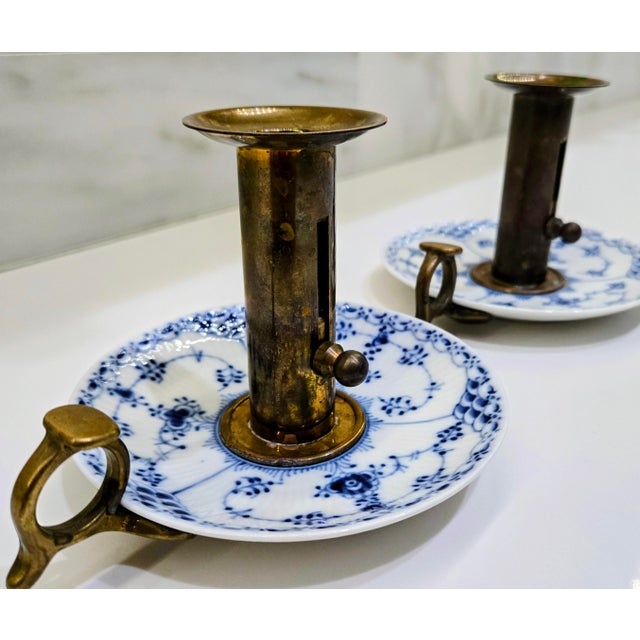 Royal Copenhagen Pair of Vintage Royal Copenhagen Blue Fluted Brass Push-Up Chambersticks, Denmark For Sale - Image 4 of 15