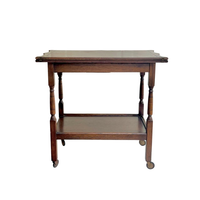 Early 20th Century Antique English Jacobean Style Oak Flip Top Game Table Bar Cart Carved Frieze For Sale - Image 5 of 18