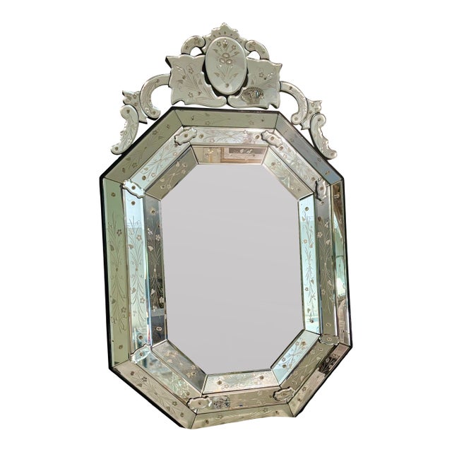 Antique or Vintage Octagonal Venetian Etched Glass Mirror With Etched Floral Design For Sale