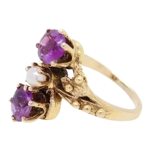 Toi Et Moi 14k Gold, Amethyst, and Pearl Cocktail Ring Size 2