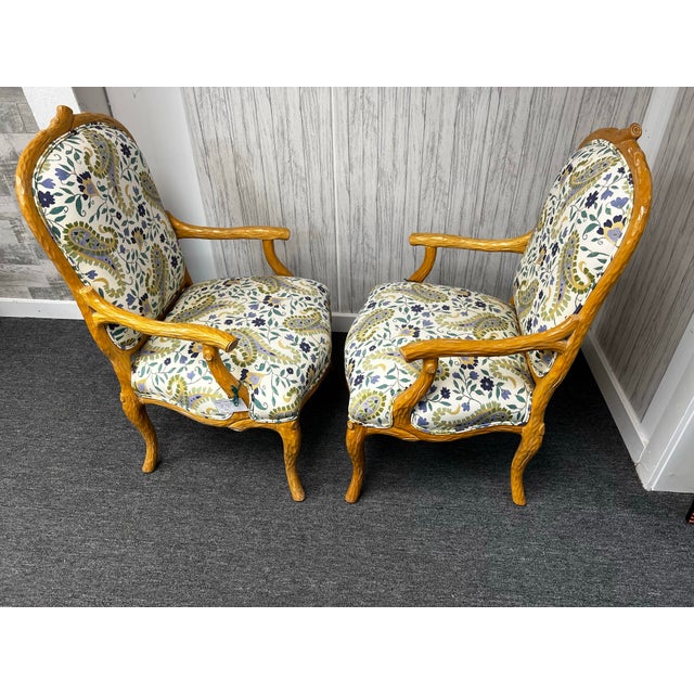 French Provincial Pair of French Arm Chairs Faux Bois" Open Arm Chairs. For Sale - Image 3 of 3