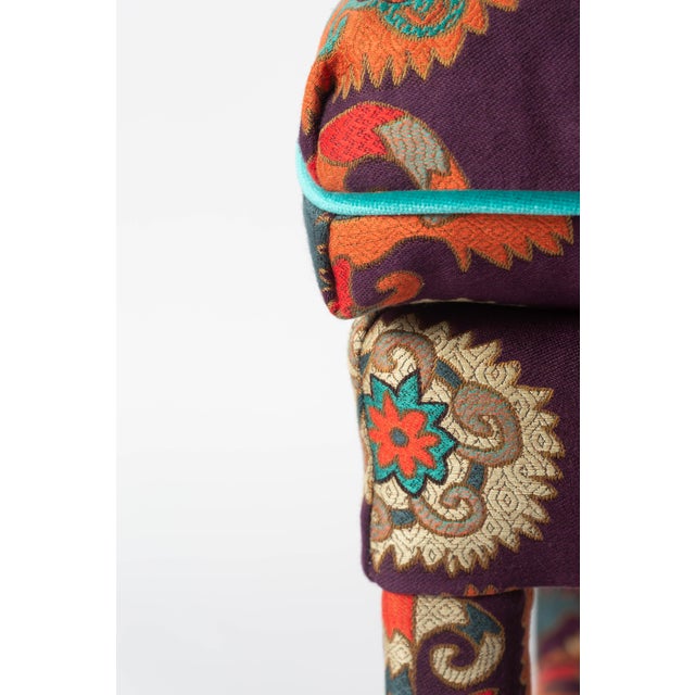 Italian Pair of 1970's Milo Baughman Stretcher-Base Stools, Newly Upholstered in Etro's "Fergana Viola" Italian Paisley Jacquard For Sale - Image 3 of 5