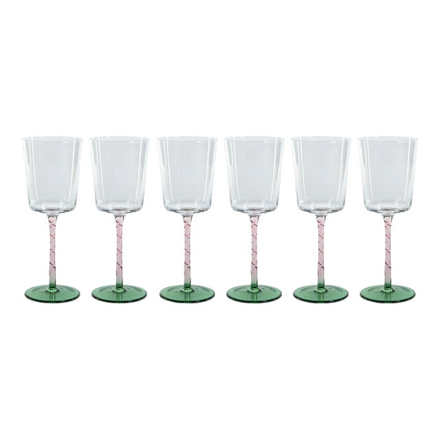 Sachi Green & Pink White Wine Glasses, Set of 6 For Sale