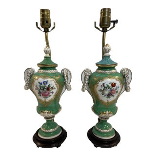 Antique Dresden Hand-Painted Lamps, a Pair For Sale