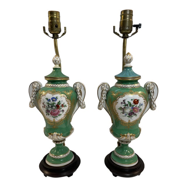 Antique Dresden Hand-Painted Lamps, a Pair For Sale