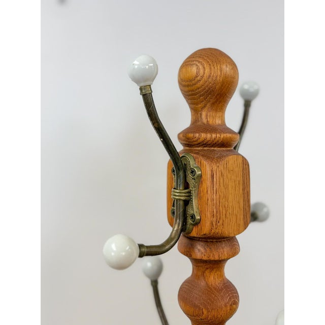 Mid 20th Century Vintage Brass Wood Coat Rack Porcelain Cream Knobs Entryway Hat Rack For Sale - Image 5 of 6