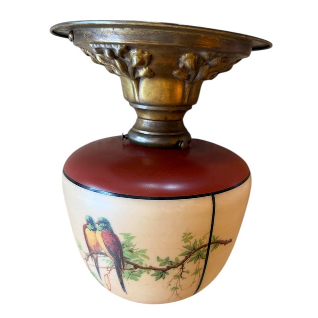 Antique Painted Birds and Botanicals Art Glass Flushmount Light For Sale - Image 4 of 5