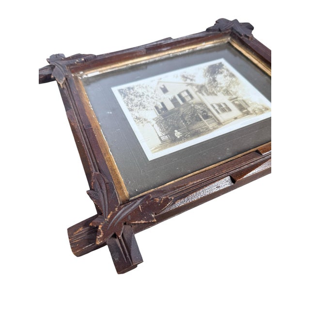 Victorian Walnut Hand Carved Folk Art Oak Leaf Wood Frame For Sale - Image 4 of 10