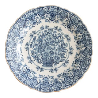 Monumental Antique Dutch Delft Faience Makkum Floral Scalloped Charger For Sale