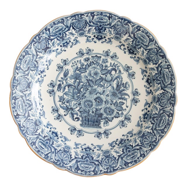 Monumental Antique Dutch Delft Faience Makkum Floral Scalloped Charger For Sale