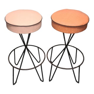 1950s Frederic Weinberg Iron Swivel Bar Stools With Cellulose Seat Covers - a Pair For Sale