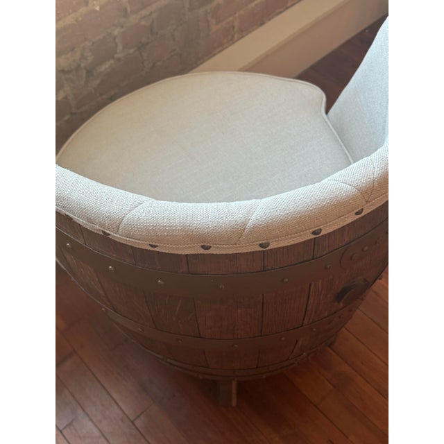 Textile Rustic Swivel Barrel Accent Chair | Tufted Upholstery | Wine Barrel Style For Sale - Image 7 of 8