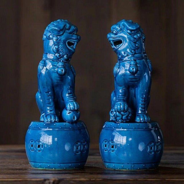 Pair of Blue Glazed Porcelain Guardian Lions – 10.6" Foo Dogs on Drum Bases For Sale In Los Angeles - Image 6 of 9