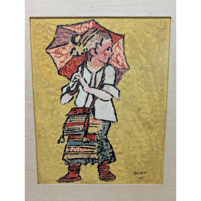 This artwork "Boy with Umbrella" dated 1965 is an oil painting on canvas by noted French artist Jovan Obican, 1918-1986....