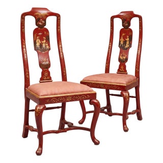 Mid-Century Italian Venetian Red Lacquer Chinoiserie Hand Painted Side Chairs, Pair For Sale