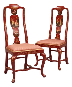 Mid-Century Italian Venetian Red Lacquer Chinoiserie Hand Painted Side Chairs, Pair
