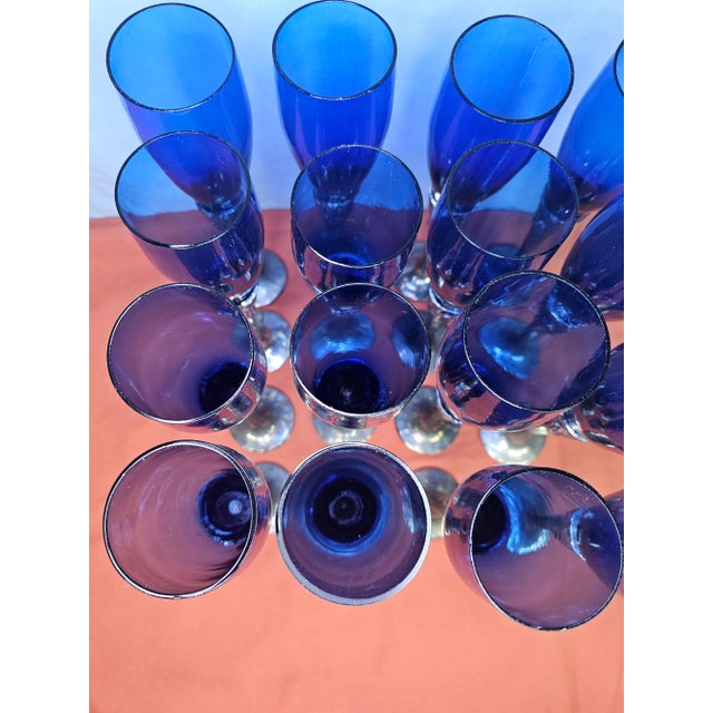 1980s Cobalt Blue & Silverplate Champagne Flutes- Set of 16 For Sale - Image 9 of 12