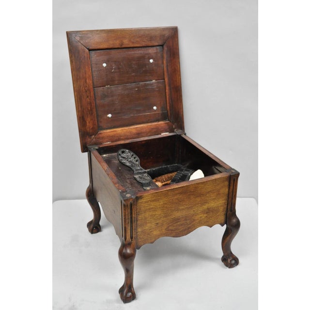 Antique Flip Top Georgian Chippendale Style Mahogany Red Upholstered Shoe Shine Box Footstool with Attached Cast Iron...