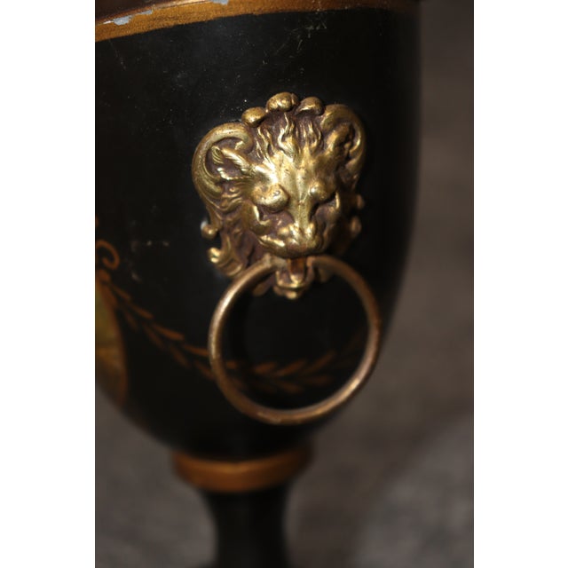 Pair English Style Tole Painted Metal Small Brass Mounted Urns For Sale - Image 13 of 13
