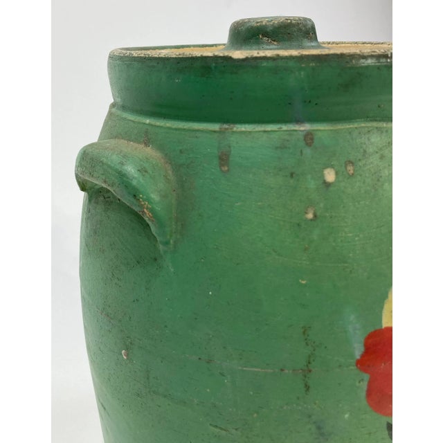 Sculpture Materials Antique Green Hand-Painted Floral Motif Lidded Crock For Sale - Image 7 of 8
