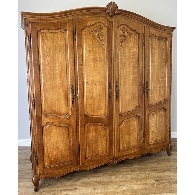 Vintage French Louis XVI Style Carved Oak 4-Door Armoire For Sale - Image 10 of 10