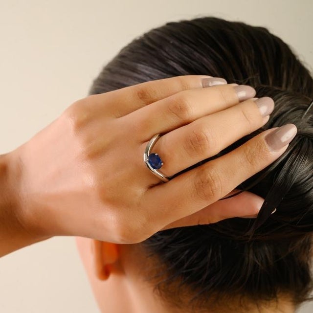 Ink Blue Timeless 1.1 Ct Oval Blue Sapphire 14k White Gold Wave Ring for Her Size 7 For Sale - Image 8 of 14