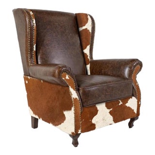 Leather Wingback Chair - Brown and White Lounge Chair - Rustic Design For Sale
