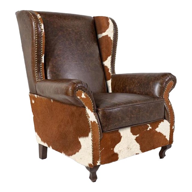 Leather Wingback Chair - Brown and White Lounge Chair - Rustic Design For Sale