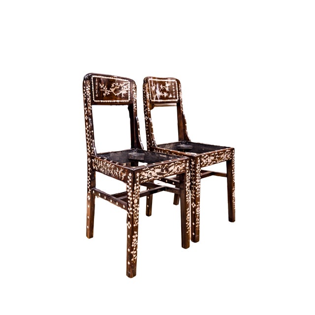 Chinese Mid 20th Century Chinese Lacquered Mother of Pearl Chair Set For Sale - Image 3 of 14