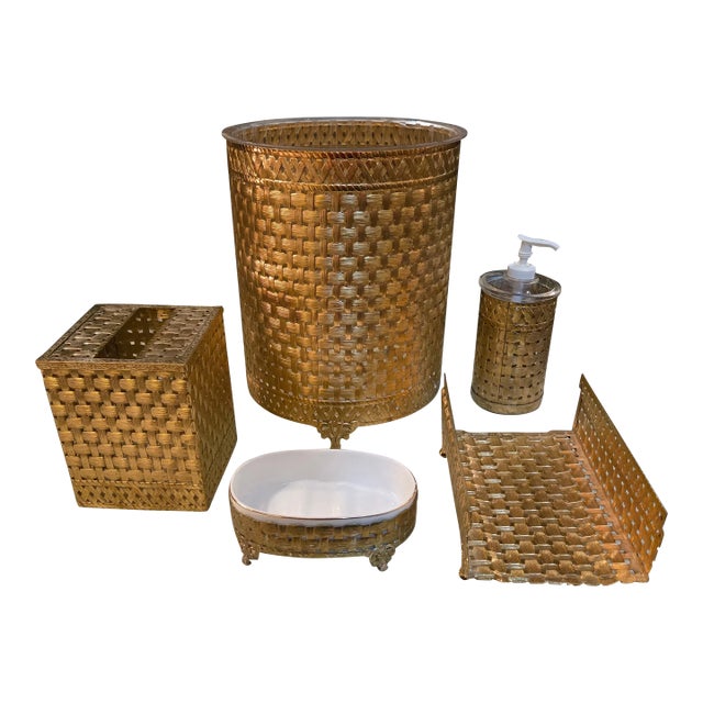Vintage 5 Piece Gold Bath Accessories For Sale